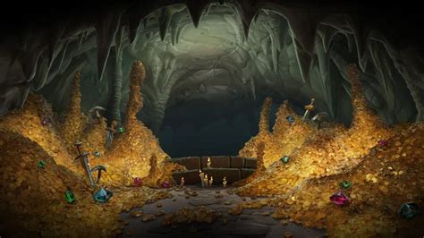 An Image Of A Cave With Lots Of Gold And Green Items On The Ground In