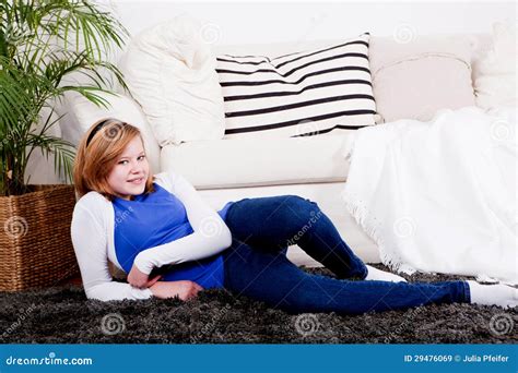 Happy Teenager Girl Smiling Sitting On Couch Stock Image Image Of