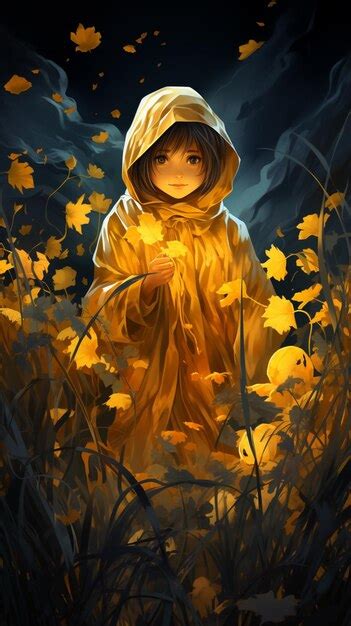 Premium Ai Image Anime Girl In Yellow Raincoat Standing In A Field Of