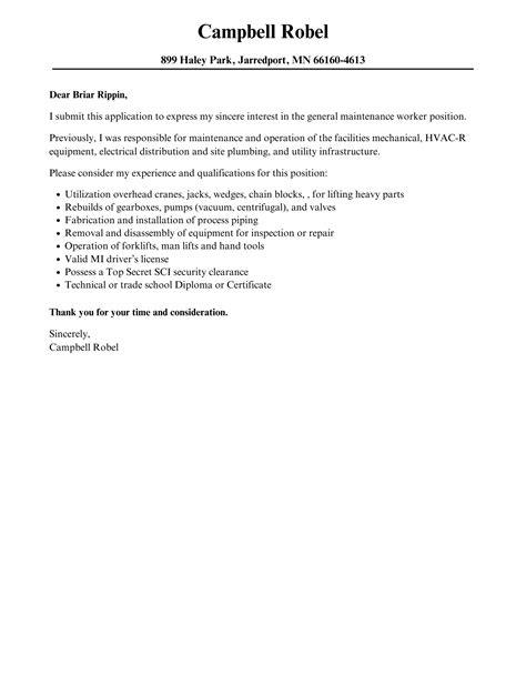 General Maintenance Worker Cover Letter Velvet Jobs