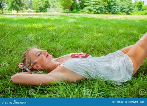Beautiful Happy Woman Lies On The Grass In Summer Stock Photo Image Of Person Female