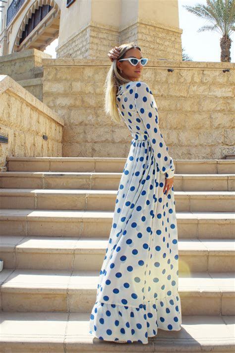 Shop White And Blue Polka Dot Long Dress For Aed 325 By Mijolli Women