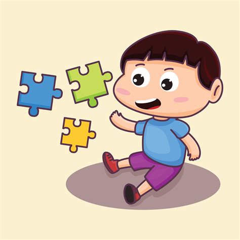 Cute Little Boy Playing Jigsaw Puzzle Sit Playing Holding A Colorful