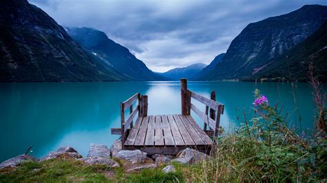 Wallpaper Lake Hills Mountains Flowers Plants Water Clouds