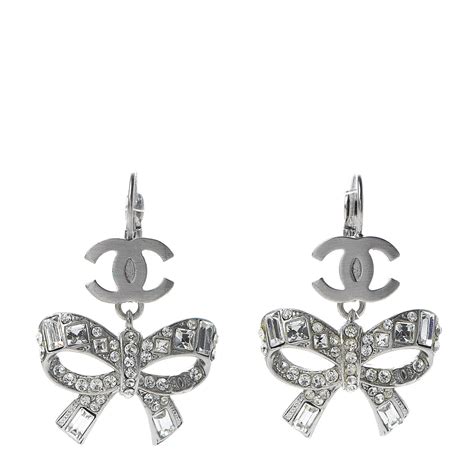 Chanel Crystal Cc Bow Dangle Earrings Silver 531622