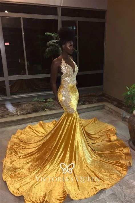 Gold Crystal Velvet Lace Applique Mermaid Prom Dress Vq