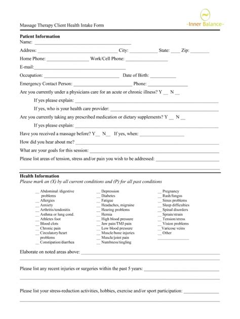 massage therapy client intake form template