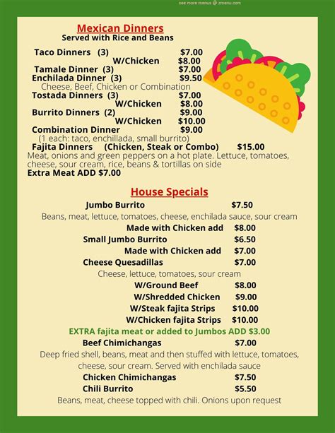 Menu at Piñatas Mexican Smokehouse restaurant, Port Huron