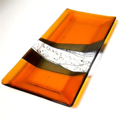 Large Amber Fused Glass Plate 7 X 14 Inch Black And Gold Trays Fall Holiday Platter Modern