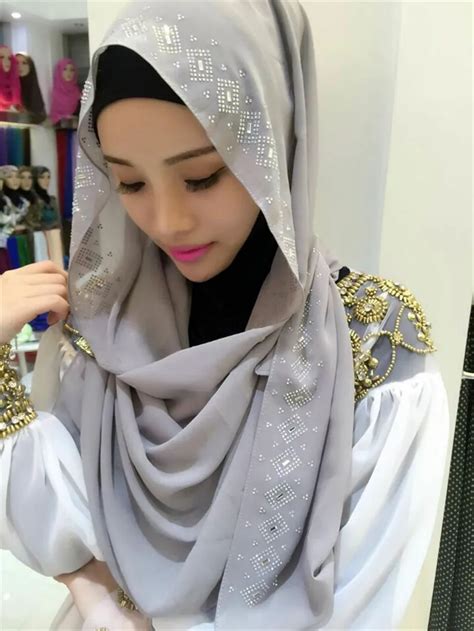 Women Hijab Long Scarf Muslim Headscarf Silk Hot Drilling Solid Head Coverings Scarves Shawl
