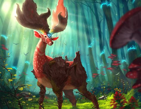 Картинка Олени с рогами Фантастика Леса Волшебные животные