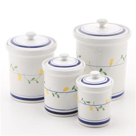 Italian Blue And White Floral 4 Piece Ceramic Kitchen Canister Set Ebth