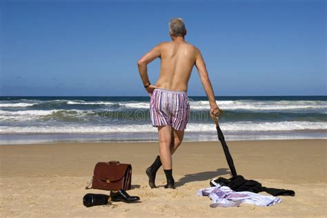 Senior Retired Business Man Undressed Standing Tropical Beach Retirement Freedom Concept Stock