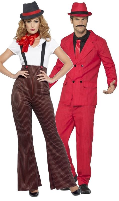 Couples Red 1920s Gangster Fancy Dress Costumes Gatsby Party Outfit