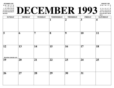 December 1993 Calendar Of The Month Free Printable December Calendar