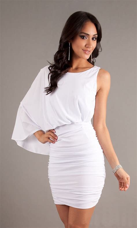 Short Form Fitting White Cocktail Dress One Shoulder Sleeve Cocktail