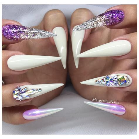Lavender And Cream Stilettos Bling Nail Art Design By Margaritasnailz