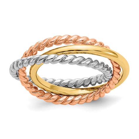 14k Tri Color Rope Polished 3 Band Interlocking Ring The Gold Store