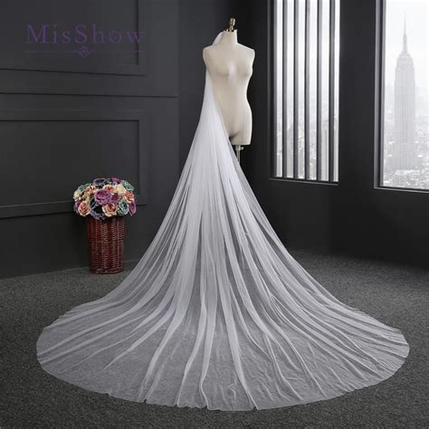 Simple White Ivory Cathedral Length Wedding Veils One Layer Tulle Long