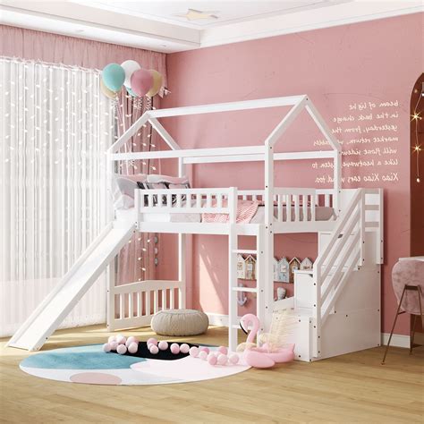 Buy Wood Twin Loft Bed With Slide For Kids House Loft Bed With Pitched