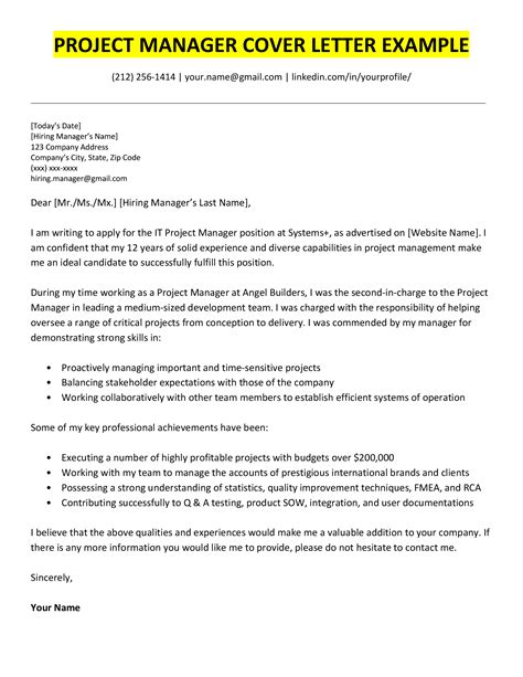 Project Manager Cover Letter Example And Writing Tips