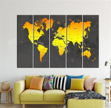 Large Canvas World Map Wall Art With Countries Names Canvas Print Black
