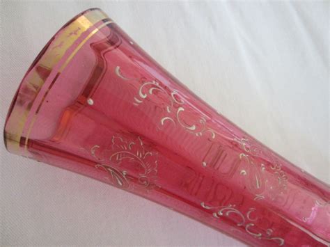 Monumental Bohemian Pink Glass Vase Gold Flowers Enameling Rim Designer Unique Finds