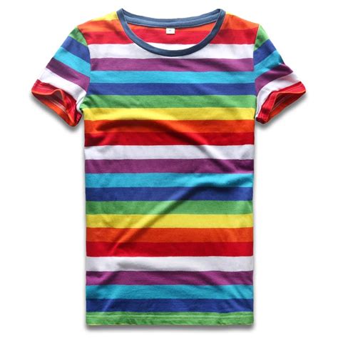 Camiseta De Arcoíris Para Mujer Camiseta A Rayas De Colores Top De Cuello Redondo Camisetas