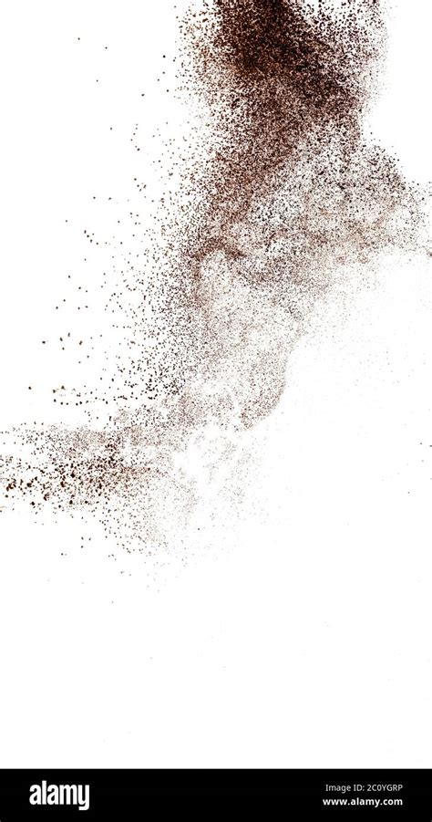 Deep Brown Powder Dust Explosion And Falling Down Against White