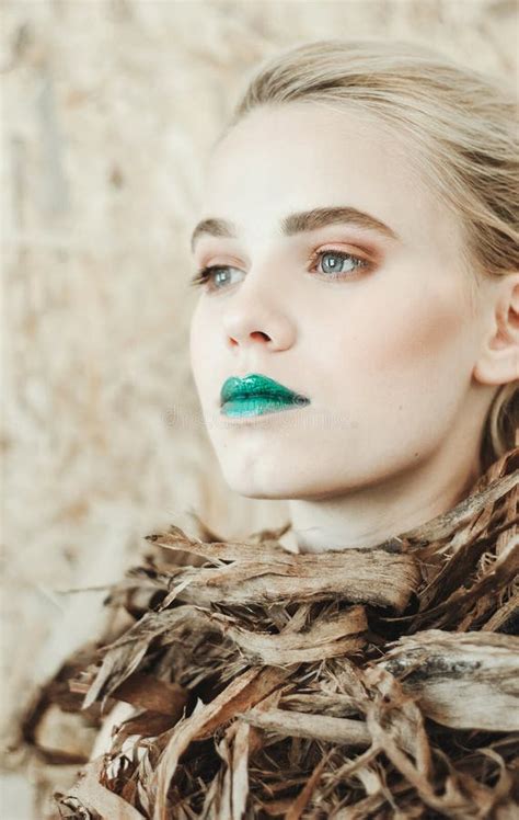 Fashion Portrait Of Young Blond Womanbeautiful Girl With Green Lips