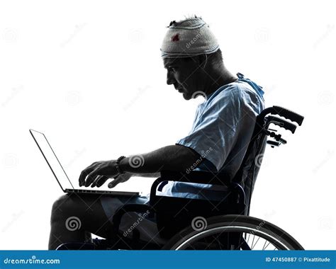 Injured Man In Wheelchair Computing Laptop Computer Silhouette Stock