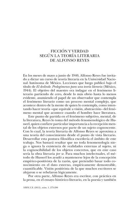 Pdf Ficci N Y Verdad Seg N La Teor A Literaria De Alfonso Reyes