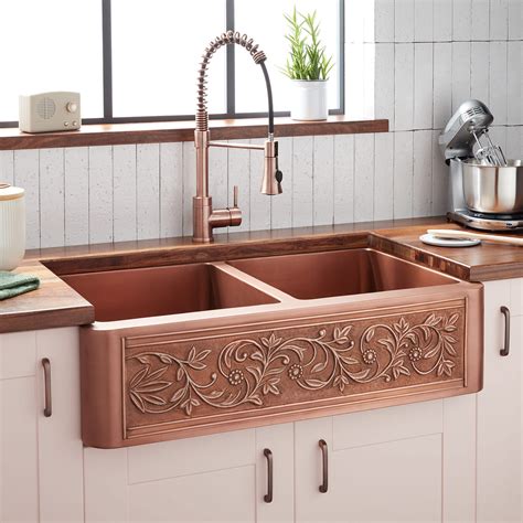 A few cuts to remove the countertops lip comes with legs, faucet, wall mount brackets and double drain connector pipe. 36" Vine Design Double-Bowl Copper Farmhouse Sink - Kitchen