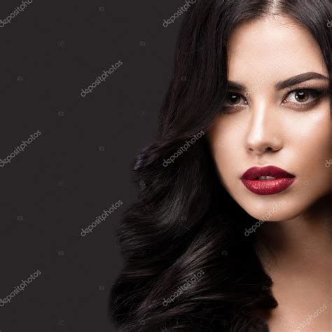 Beautiful Brunette Model Curls Classic Makeup And Red Lips The