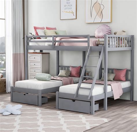 Kids Full Over Twin And Twin Triple Bunk Bed Wooden Bed Frame With