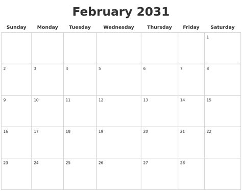 February 2031 Blank Calendar Pages