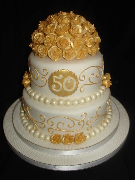 Golden 50th Wedding Anniversary Fondant Cake