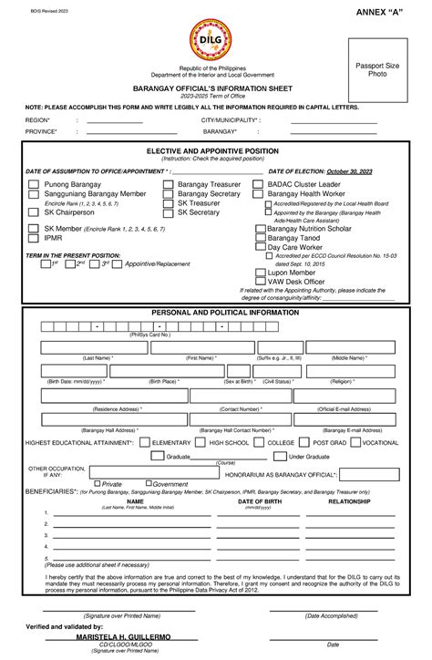 Barangay Official Information Sheet Form 001 My XXX Hot Girl