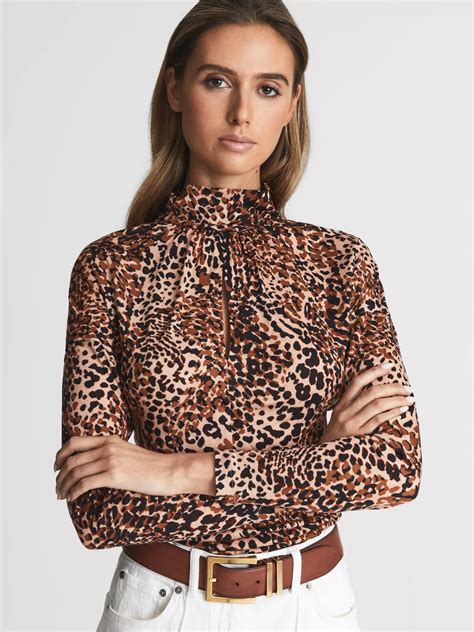 Reiss Serena Wool Blend Leopard Print Keyhole Top Brown