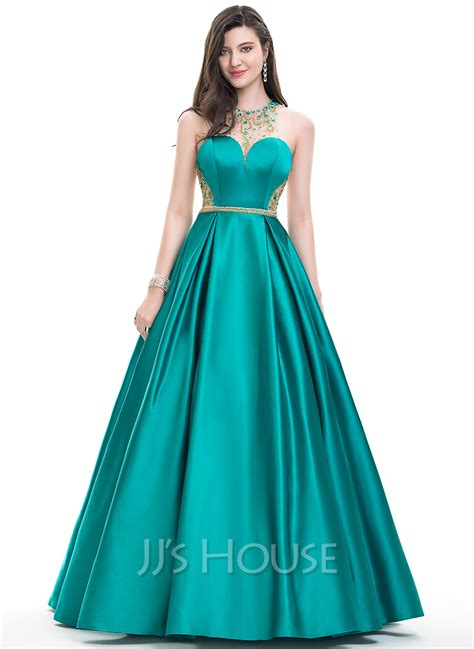 Ball Gownprincess Scoop Neck Floor Length Satin Prom Dresses With Beading Sequins 018105565