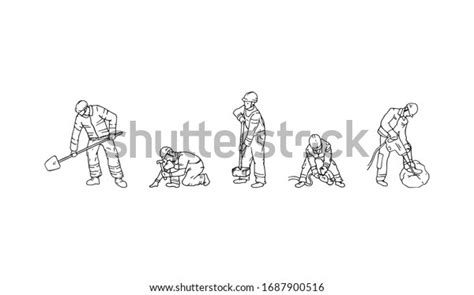 Construction Workers Hand Drawn Silhouette Outline Drawing Set Vector