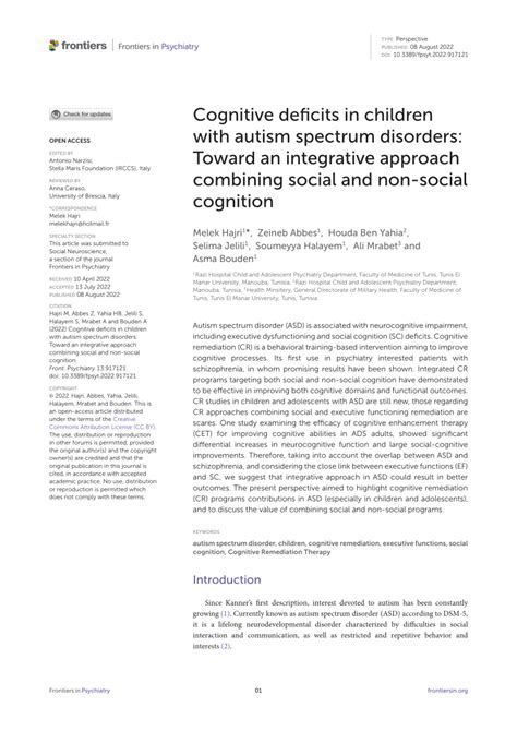 Pdf Cognitive Deficits In Children With Autism Spectrum Disorders