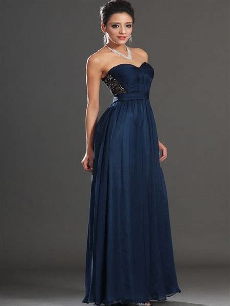 Navy Blue Strapless Sweetheart Embellished A Line Chiffon Prom Dress
