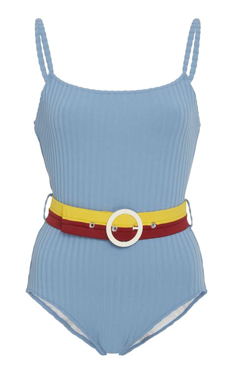 Solid And Striped Belted Ribbed One Piece Swimsuit