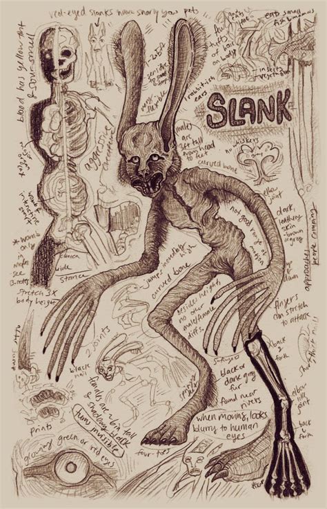 Slank Bunnyman Oder Kaninchen Cryptid Folklore Monster Anatomy Study Seite Drucken Mythical