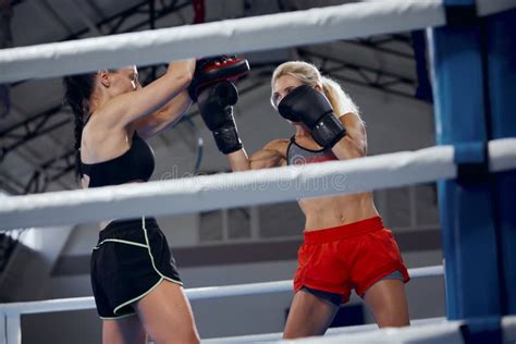 Two Female Professional Boxers Boxing At Boxing Ring At Sport Gym Two