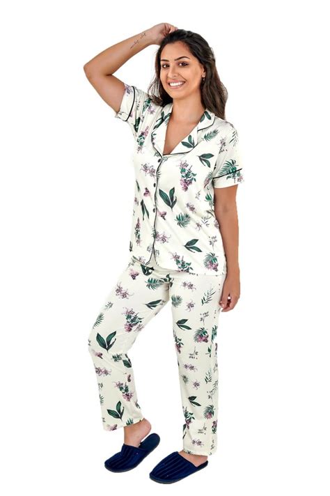 Pijama Americano Feminino Meia Estação Com Botões Floral