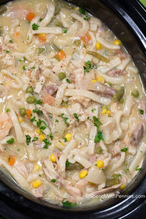 A type of flat pasta that differs from regular flour and water pasta in that eggs are added to enrich the dough. Crock Pot Chicken and Noodles - Spend With Pennies