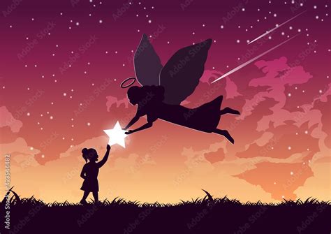 Silhouette Design Of Angel Gives Star To The Girl Stock Vector Adobe
