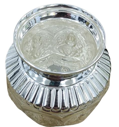 Polished Engraved Silver Aashta Lakshmi Kalash Size 9 Cm X 8 Cm